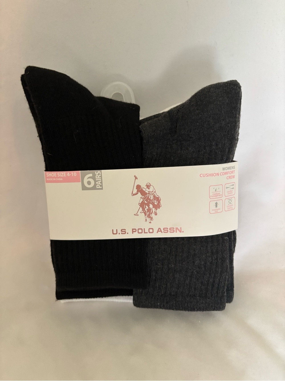 U.S. Polo Assn. Women’s Cushion Crew Socks - Black & Dark Gray - 6 Pack
